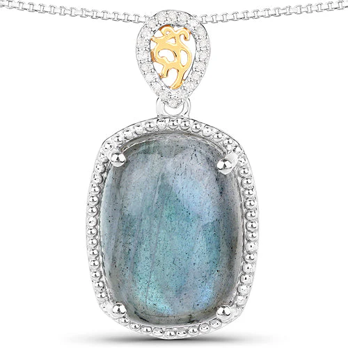 11.05 Carat Genuine Labradorite and White Diamond 14K Yellow Gold with .925 Sterling Silver Pendant