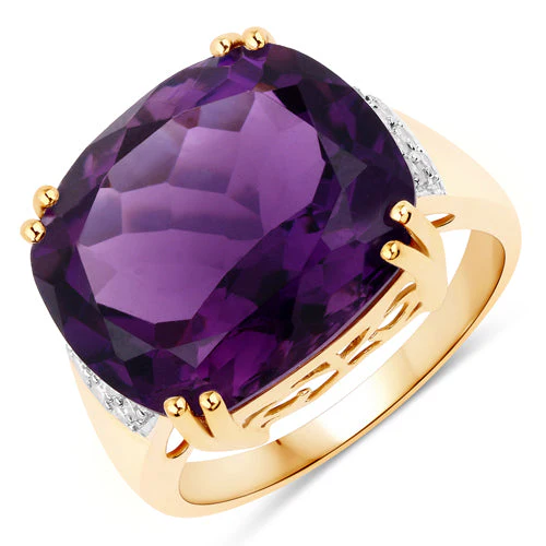 11.42 Carat Genuine Amethyst and White Diamond 14K Yellow Gold Ring - Image 2