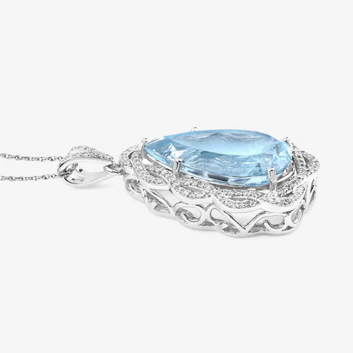 11.90 Carat Genuine Aquamarine and White Diamond 14K White Gold Pendant - Image 10