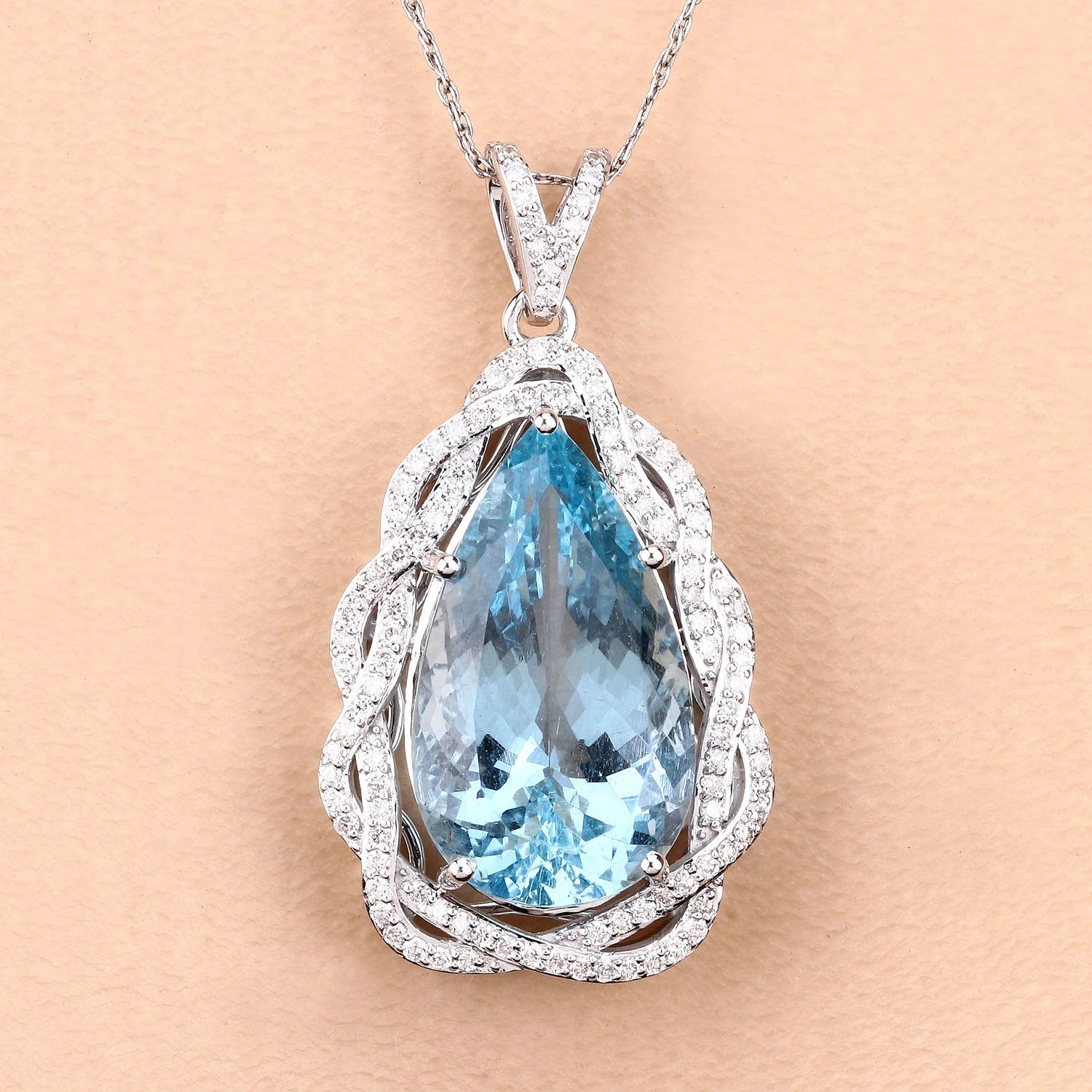 11.90 Carat Genuine Aquamarine and White Diamond 14K White Gold Pendant - Image 4