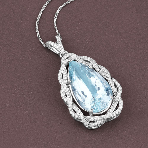 11.90 Carat Genuine Aquamarine and White Diamond 14K White Gold Pendant - Image 6