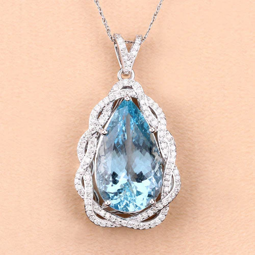 11.90 Carat Genuine Aquamarine and White Diamond 14K White Gold Pendant - Image 8