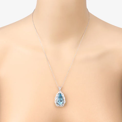 11.90 Carat Genuine Aquamarine and White Diamond 14K White Gold Pendant - Image 9