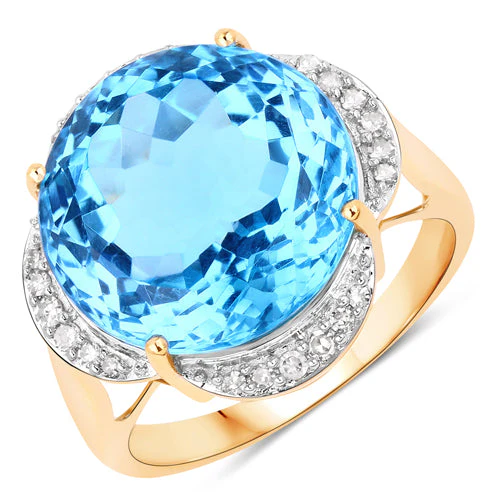 12.69 Carat Genuine Swiss Blue Topaz and White Diamond 14K Yellow Gold Ring - Image 2