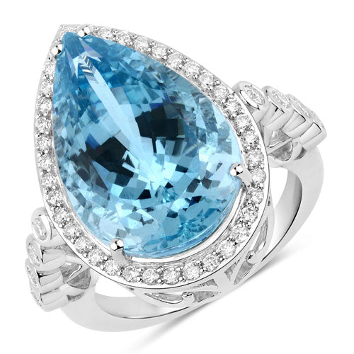 13.42 Carat Genuine Aquamarine and White Diamond 14K White Gold Ring - Image 4
