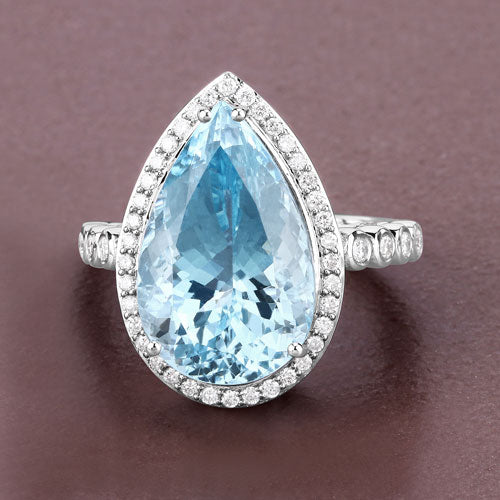 13.42 Carat Genuine Aquamarine and White Diamond 14K White Gold Ring - Image 5