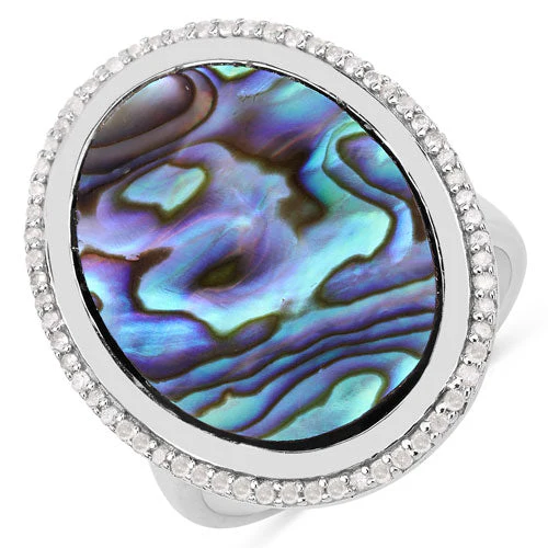 13.64 Carat Genuine Abalone and White Diamond .925 Sterling Silver Ring - Image 2