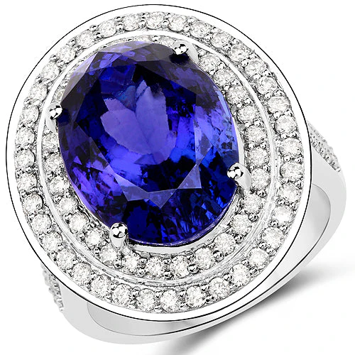13.78 Carat Genuine Tanzanite and White Diamond 18K White Gold Ring - Image 5