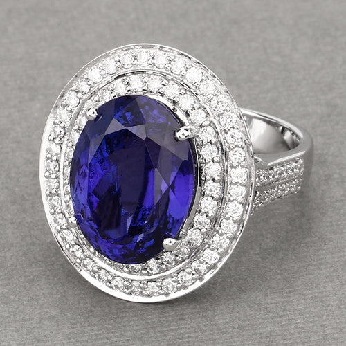 13.78 Carat Genuine Tanzanite and White Diamond 18K White Gold Ring - Image 9