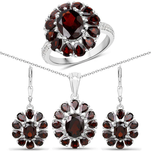 13.82 Carat Genuine Garnet and White Topaz .925 Sterling Silver 3 Piece Jewelry Set (Ring, Earrings, and Pendant w/ Chain) - Image 5