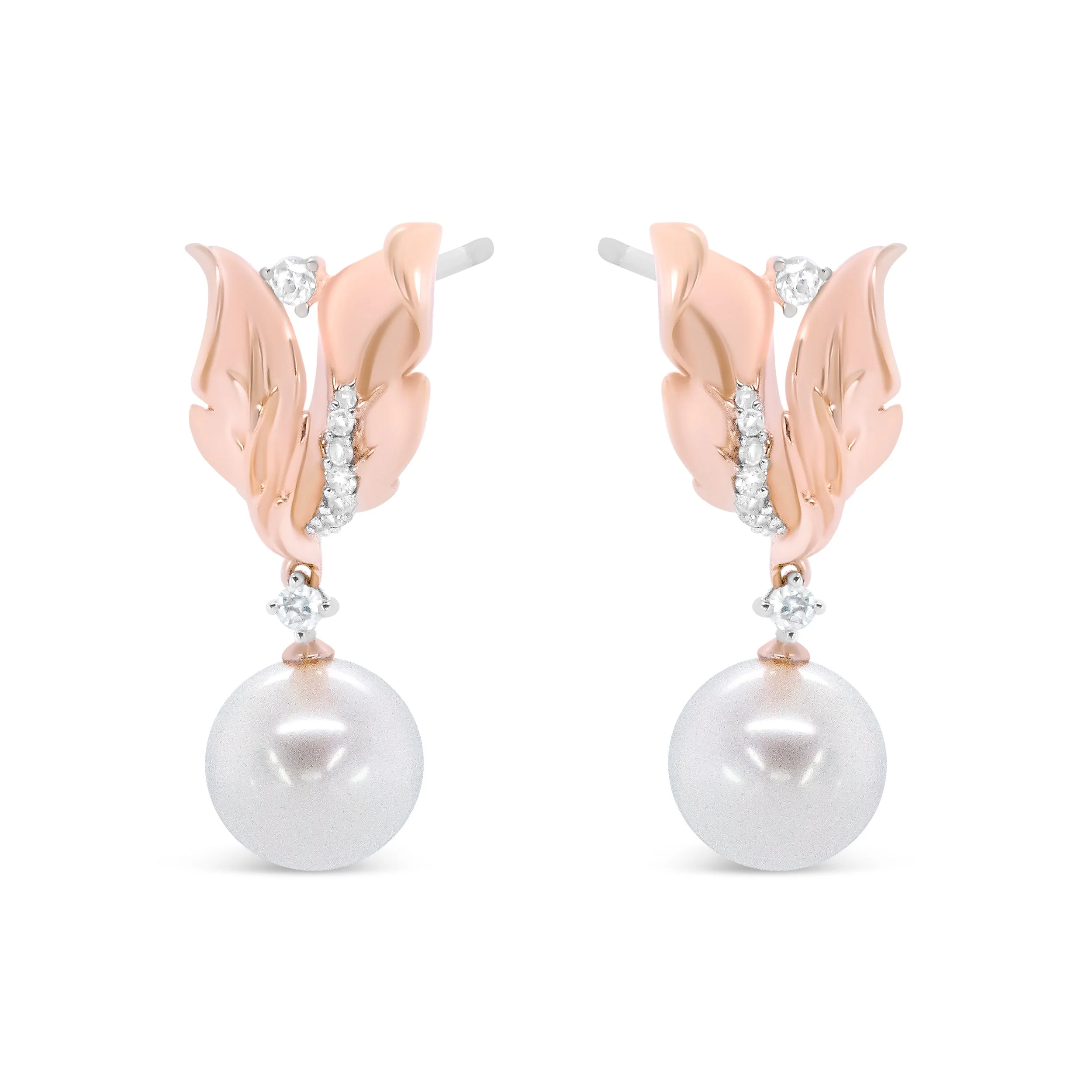 14K Rose Gold 1/6 Cttw Round Diamond and 8mm Round Pearl Floral Drop Stud Earrings (H-I Color, I1-I2 Clarity) - Image 2
