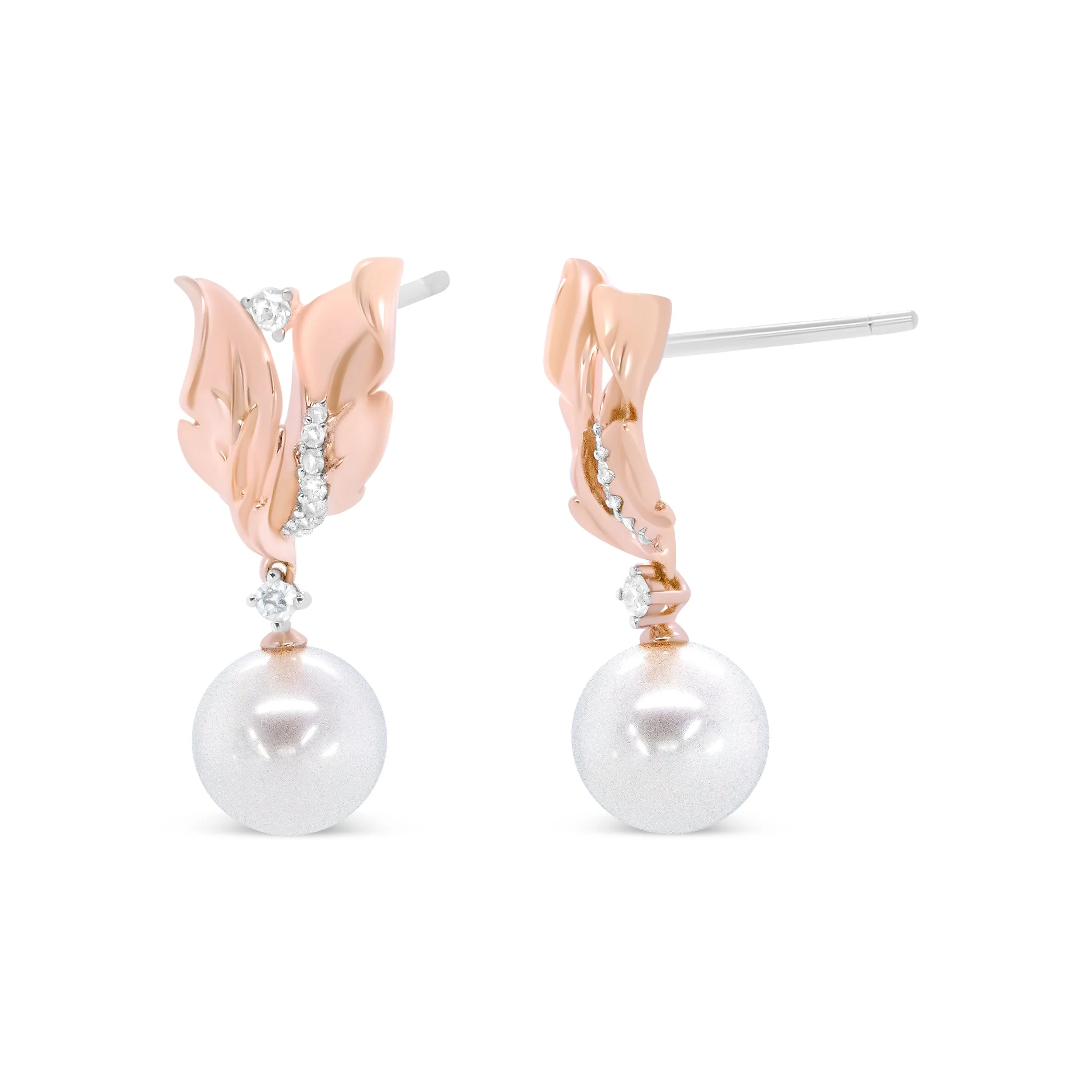 14K Rose Gold 1/6 Cttw Round Diamond and 8mm Round Pearl Floral Drop Stud Earrings (H-I Color, I1-I2 Clarity) - Image 3