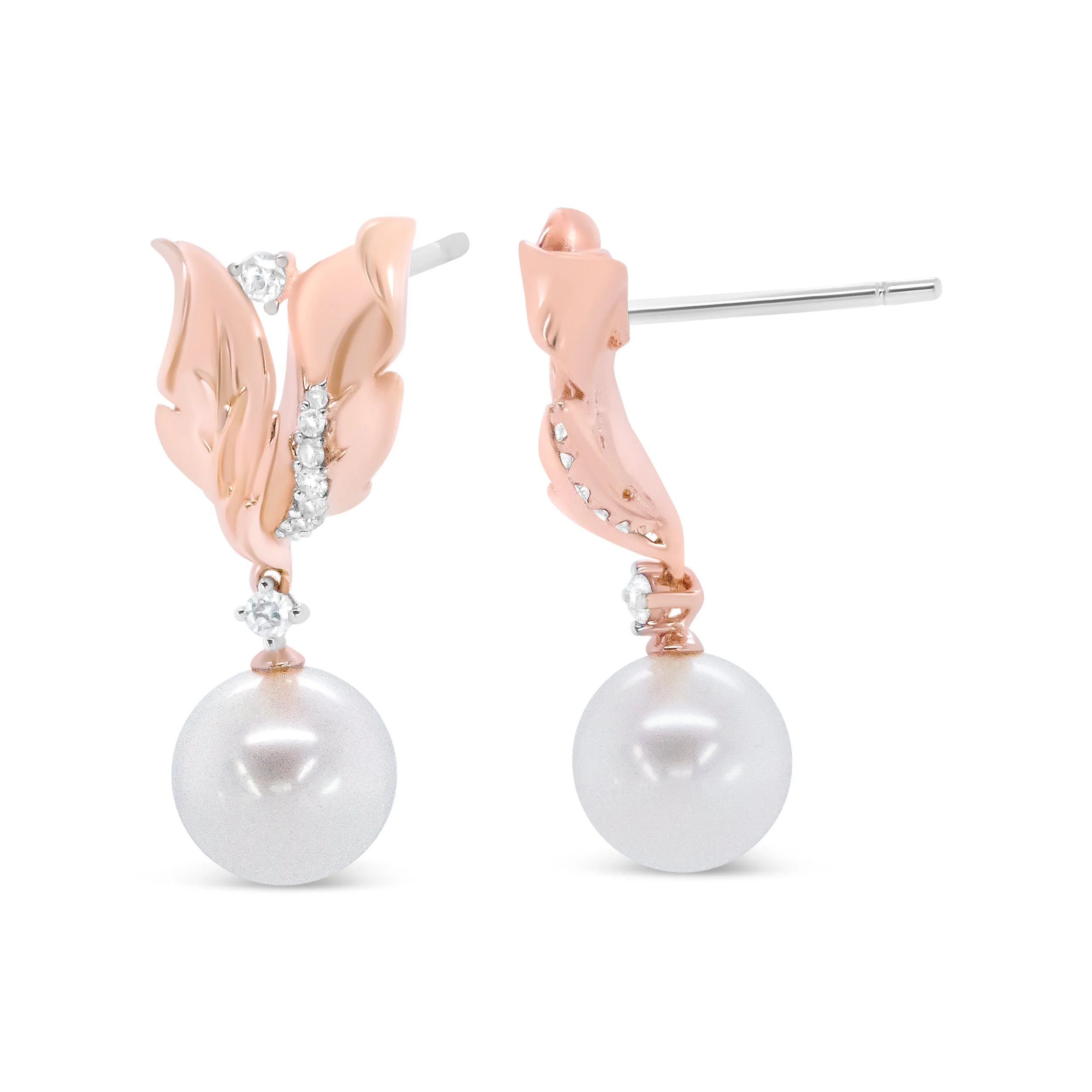 14K Rose Gold 1/6 Cttw Round Diamond and 8mm Round Pearl Floral Drop Stud Earrings (H-I Color, I1-I2 Clarity) - Image 4