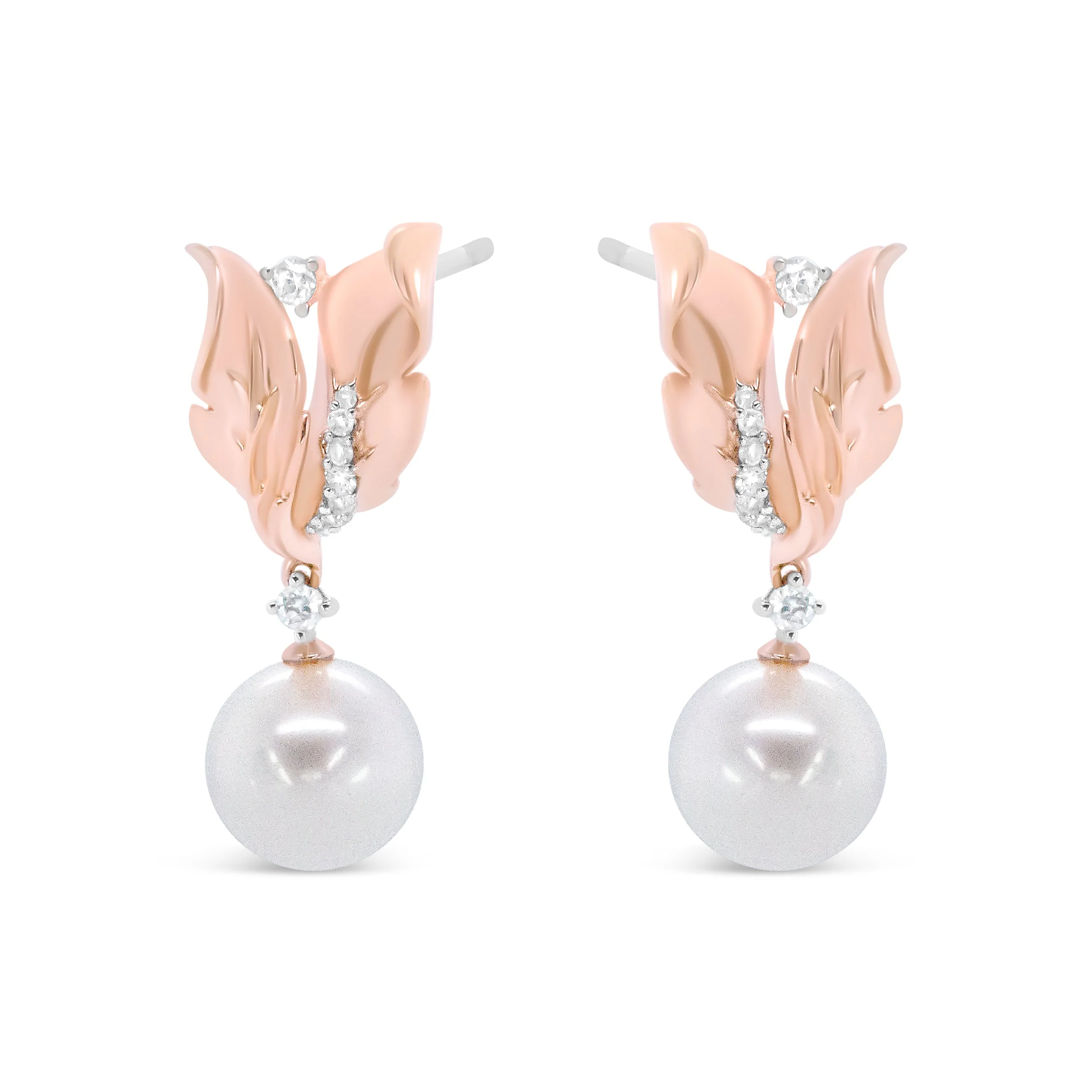 14K Rose Gold 1/6 Cttw Round Diamond and 8mm Round Pearl Floral Drop Stud Earrings (H-I Color, I1-I2 Clarity) - Image 6