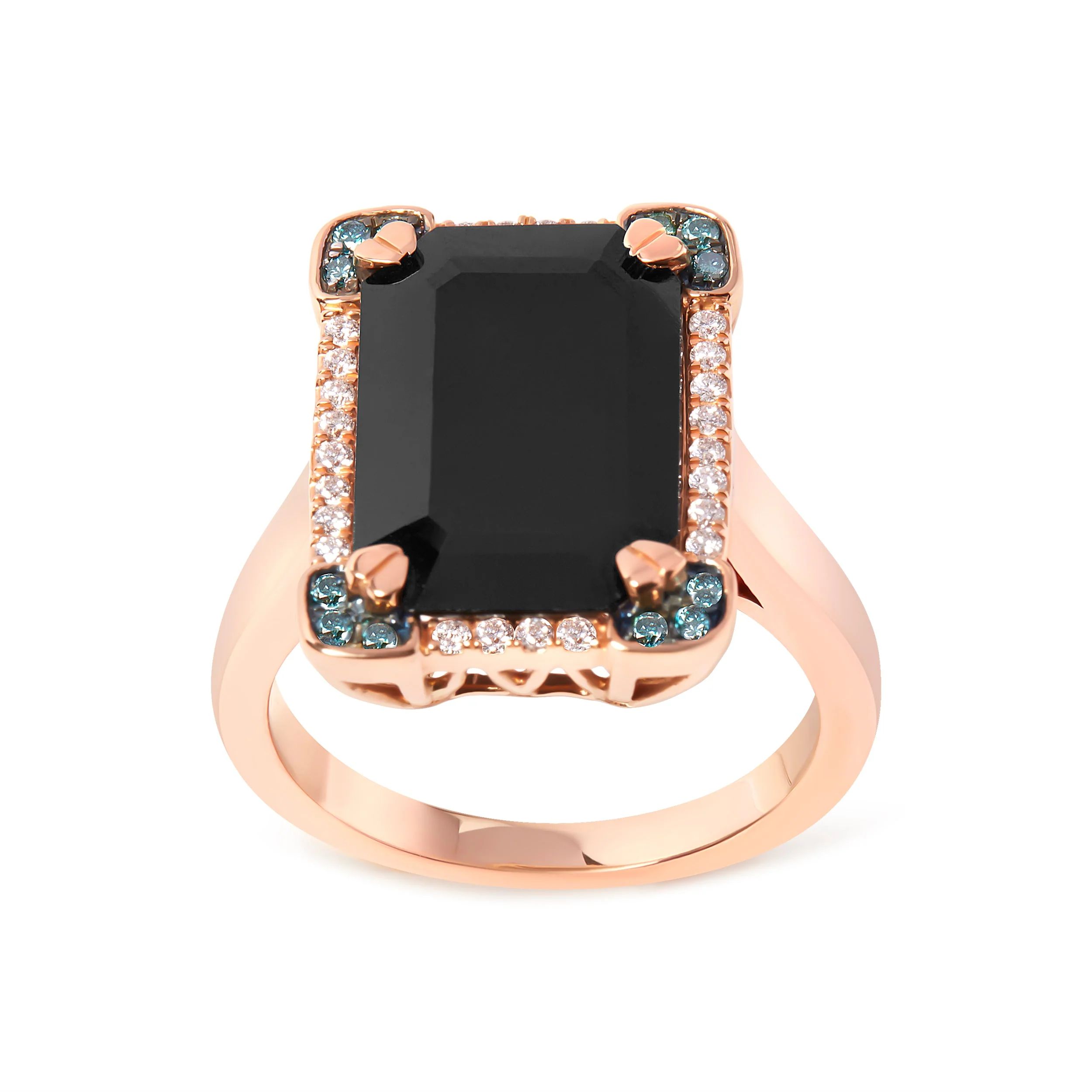14K Rose Gold 15x10 MM Emerald-Cut Black Onyx and 1/5 Cttw Blue and White Diamond Halo Cocktail Ring (G-H Color, SI1-SI2 Clarity)- Size 7 - Image 5