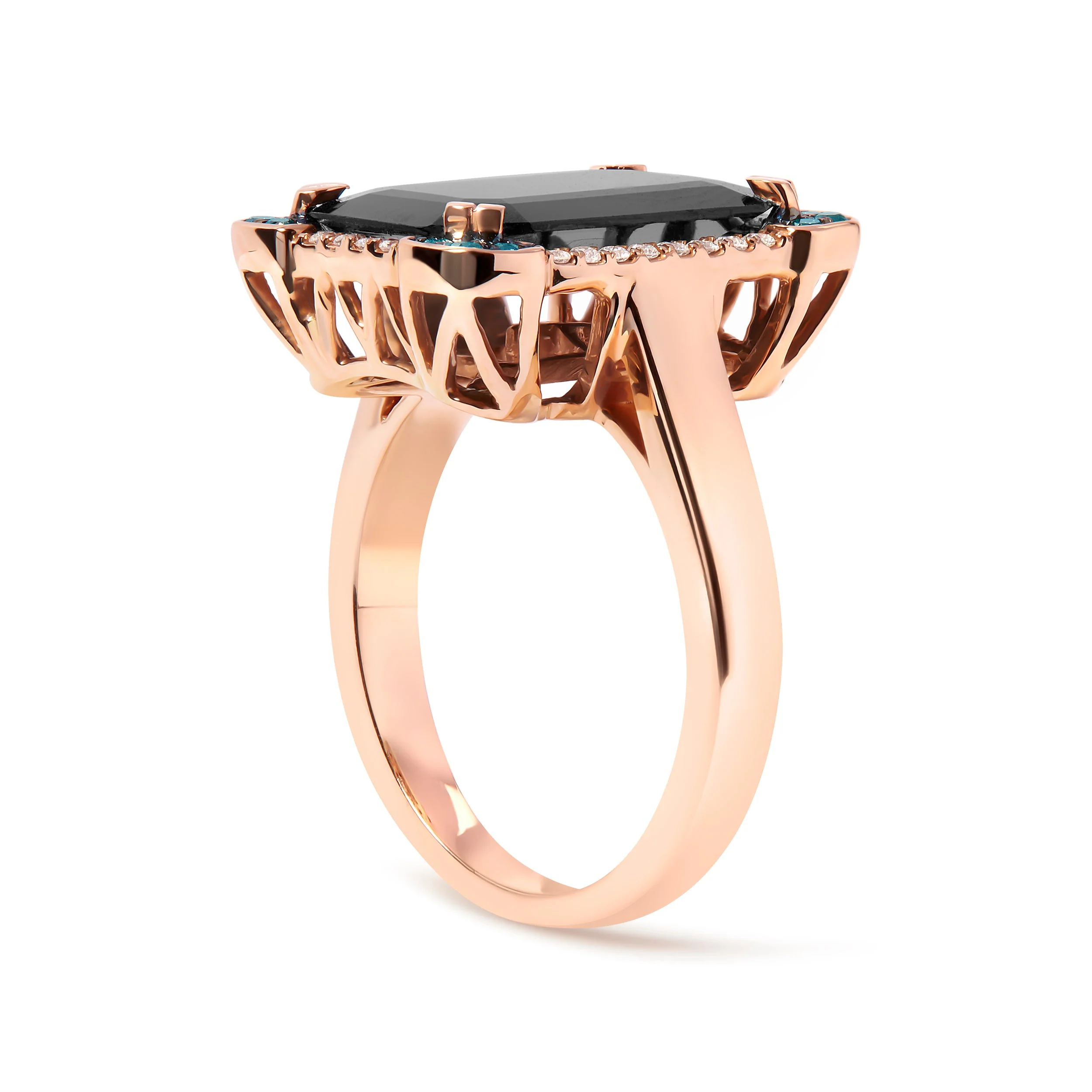 14K Rose Gold 15x10 MM Emerald-Cut Black Onyx and 1/5 Cttw Blue and White Diamond Halo Cocktail Ring (G-H Color, SI1-SI2 Clarity)- Size 7 - Image 7