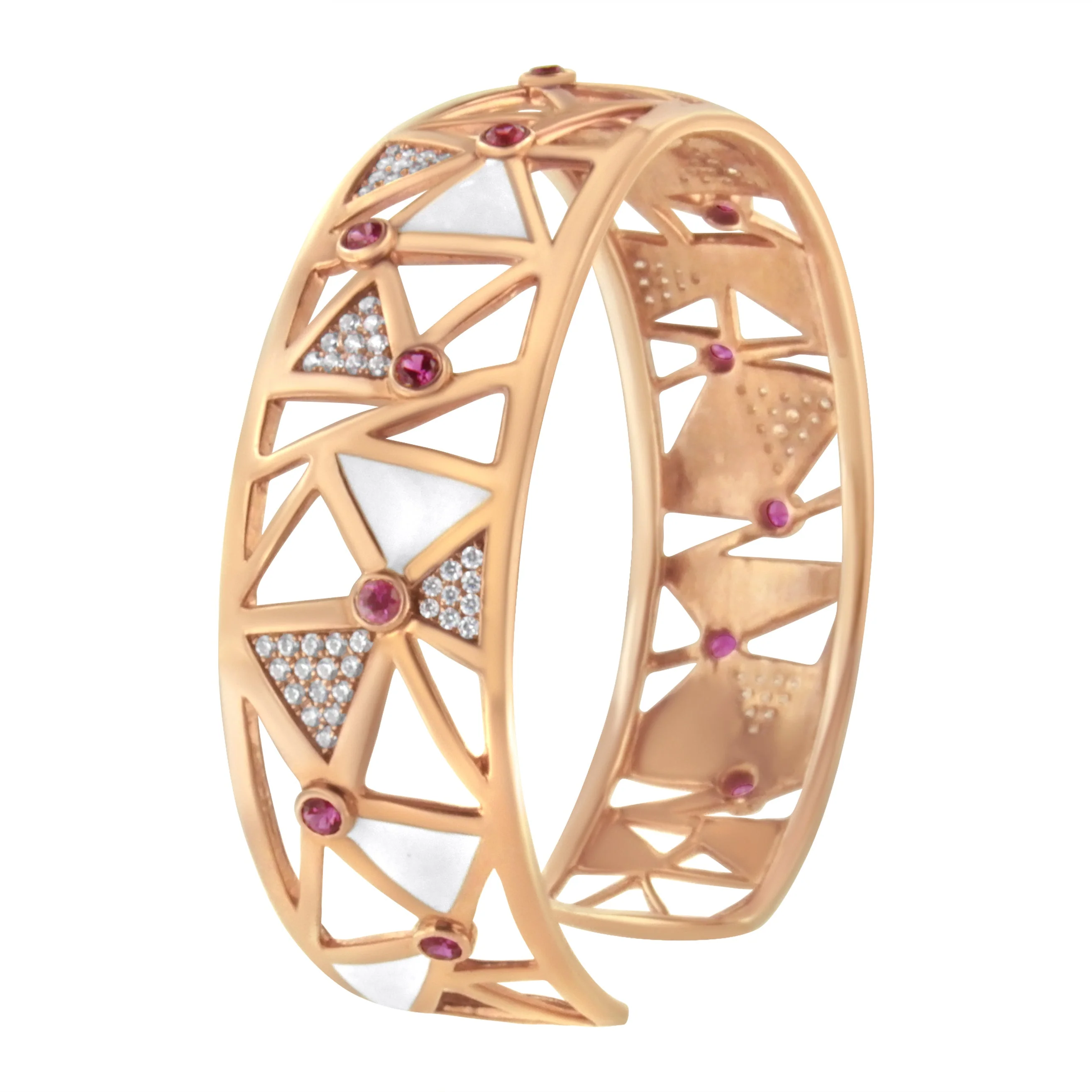 14K Rose Gold 5/8 Cttw Diamond with Pink Tourmaline Open Cuff Bangle with White Enamel (G-H Color, SI1-SI2 Clarity) - 7" - Image 4