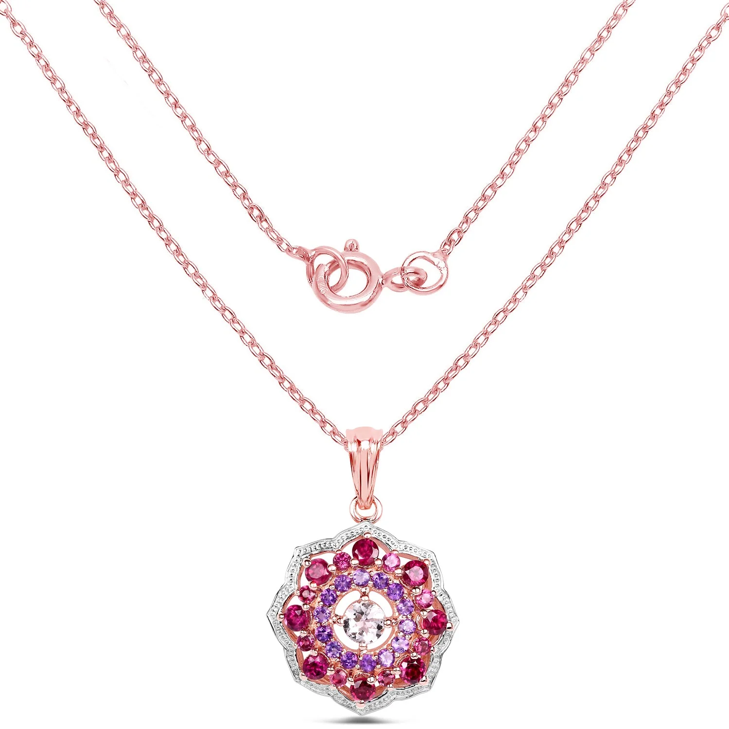 14K Rose Gold Plated 2.30 Carat Genuine Morganite, Rhodolite and Amethyst .925 Sterling Silver Pendant - Image 2