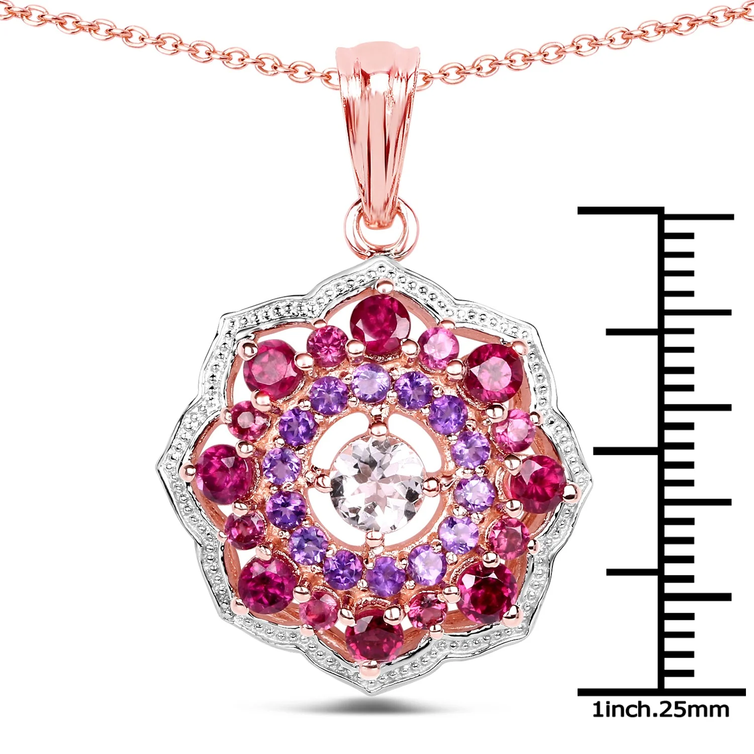 14K Rose Gold Plated 2.30 Carat Genuine Morganite, Rhodolite and Amethyst .925 Sterling Silver Pendant - Image 3