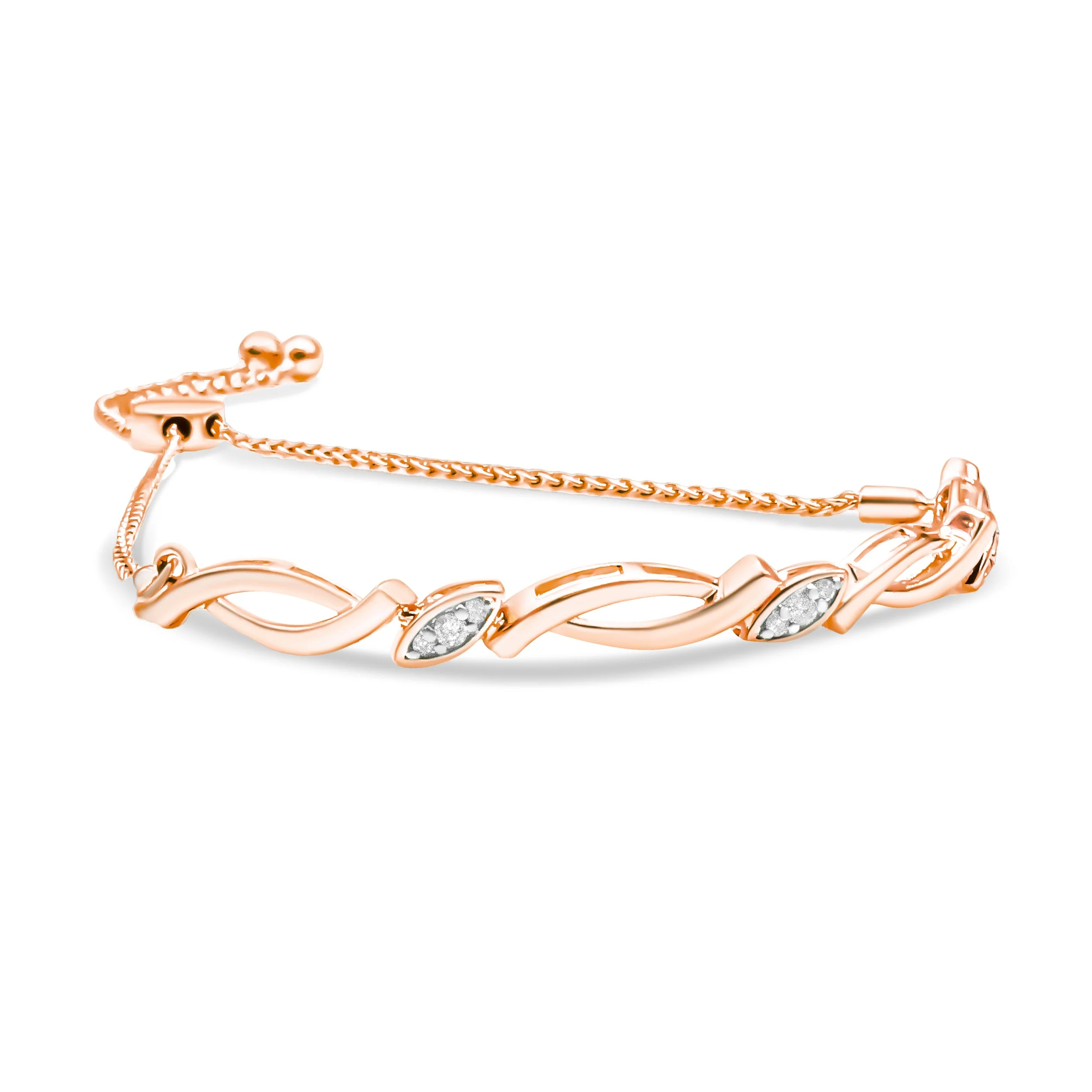 14K Rose Gold Plated .925 Sterling Silver 1/10 Cttw Diamond Alternating Swirl link Bolo Bracelet (I-J Color, I2-I3 Clarity) - 6" to 9" Adjustable - Image 8