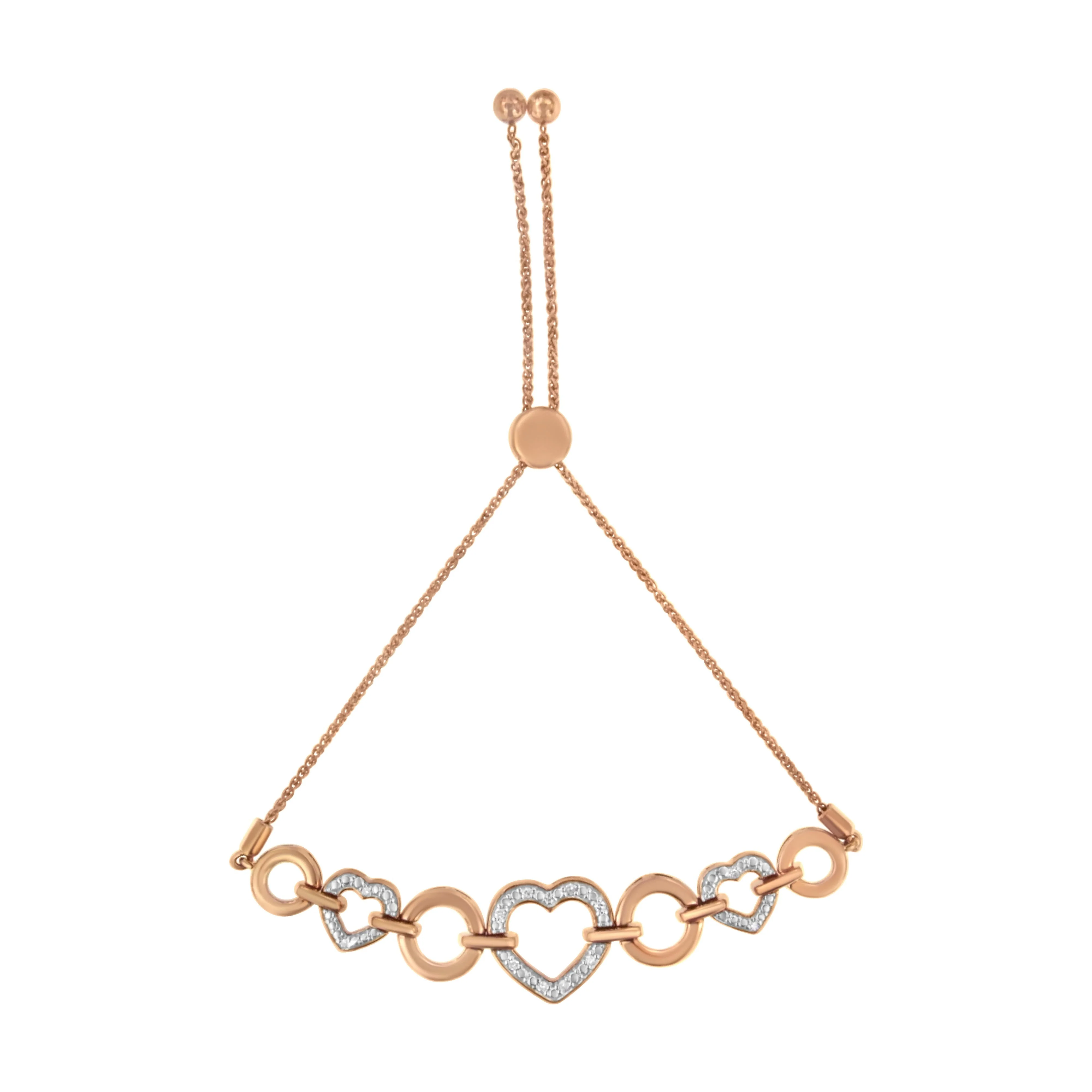14K Rose Gold Plated .925 Sterling Silver Diamond Accent Circle and Heart Link Adjustable 6â€-10†Bolo Bracelet (I-J Color, I3 Clarity)
