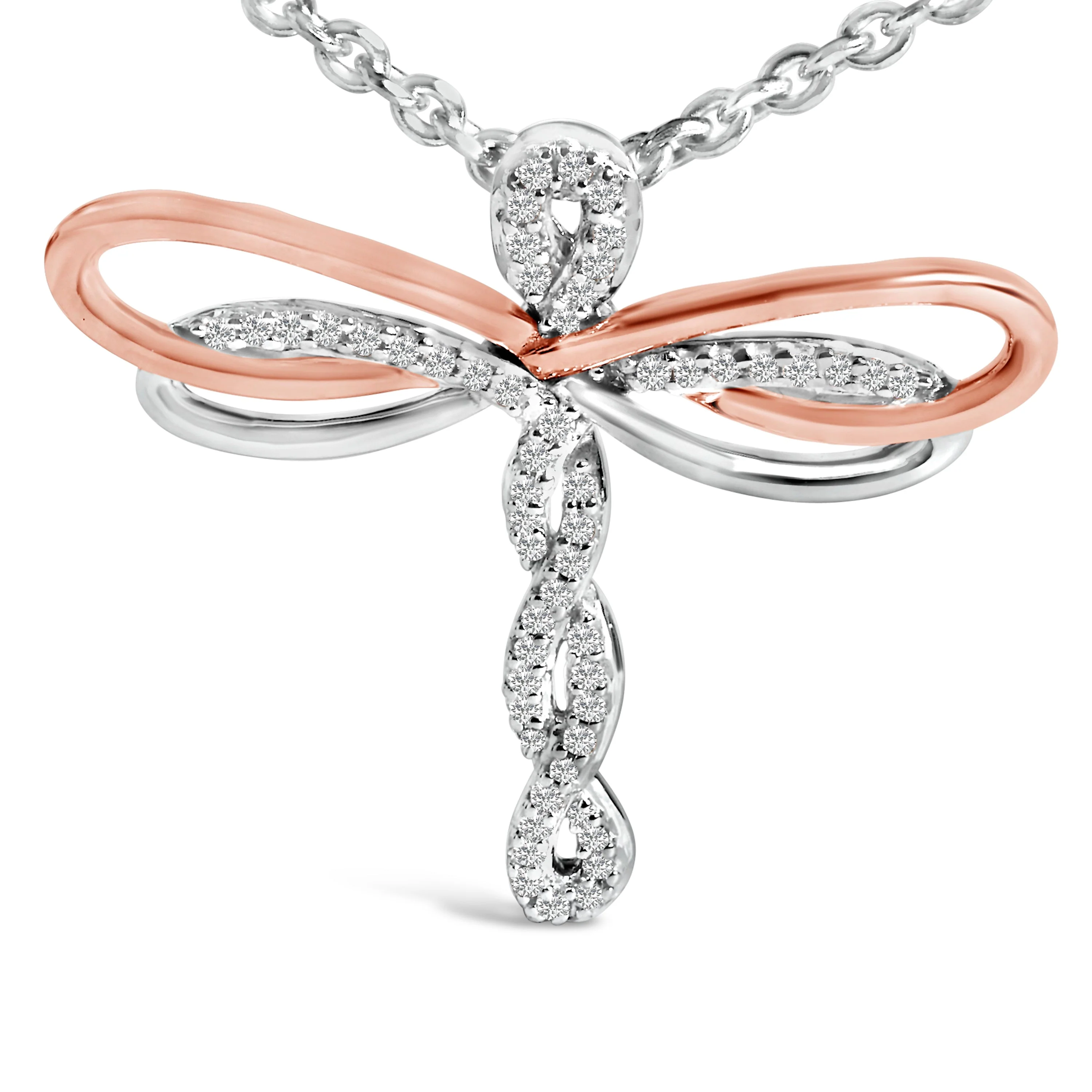 14K Rose Gold Plated Sterling Silver 1/10 Cttw Diamond Dragonfly Pendant Necklace - Image 2