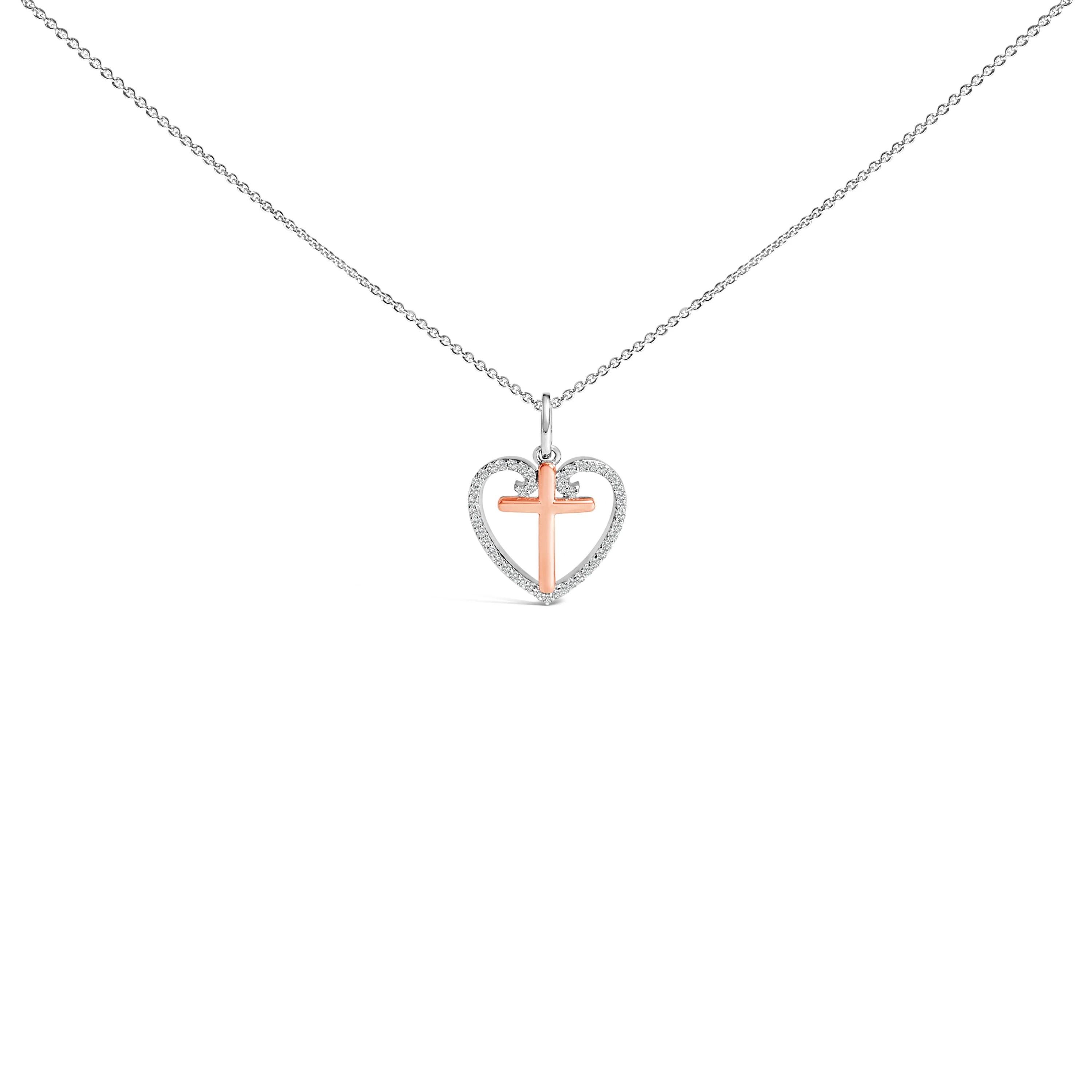 14K Rose Gold Plated Sterling Silver 1/5 Cttw Diamond Heart Cross Pendant Necklace