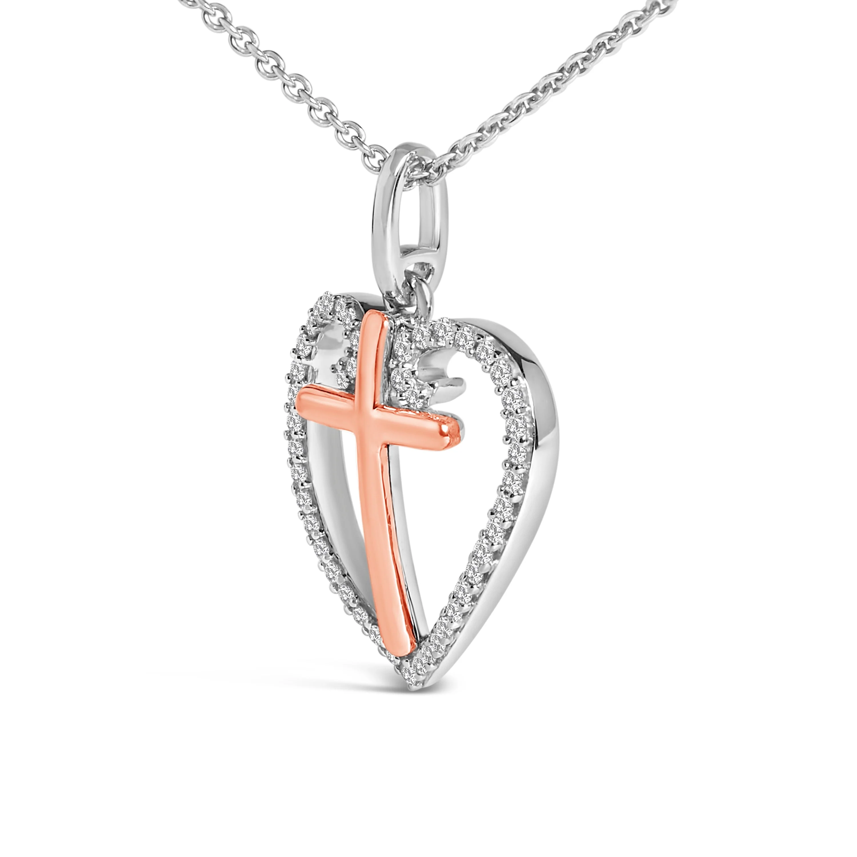 14K Rose Gold Plated Sterling Silver 1/5 Cttw Diamond Heart Cross Pendant Necklace - Image 3