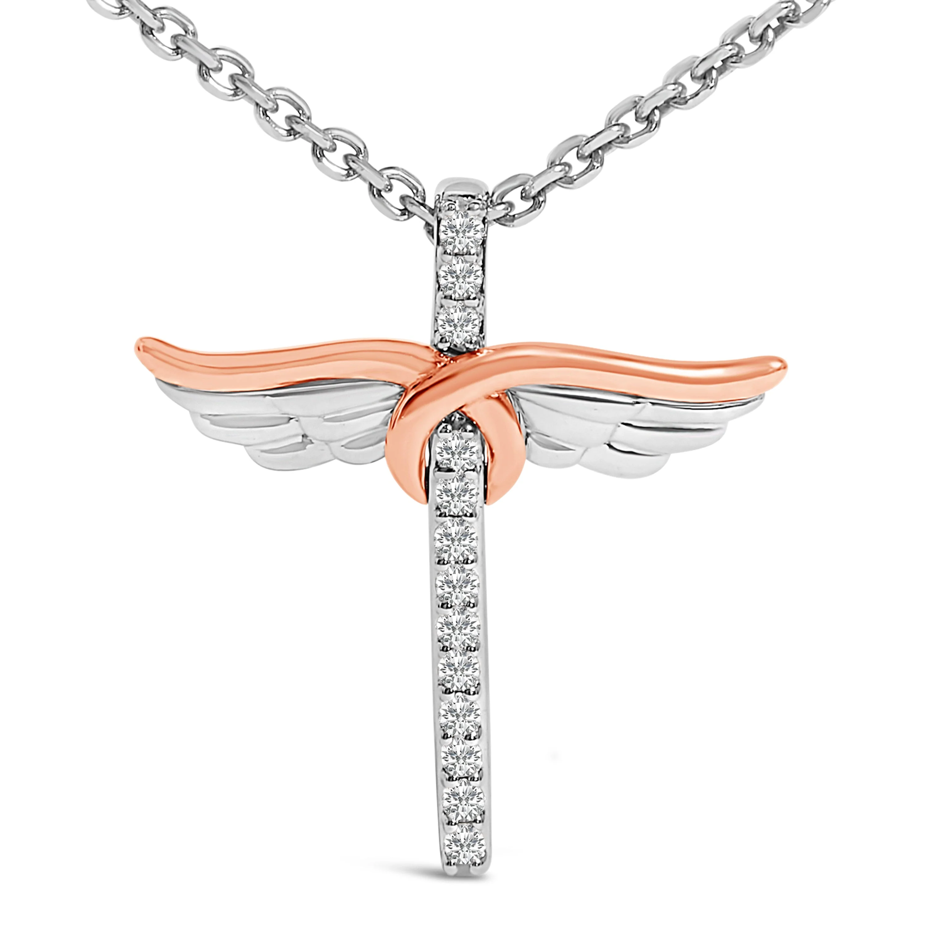 14K Rose Gold Plated Sterling Silver 1/5 Cttw Diamond Wing Cross Pendant Necklace - Image 2