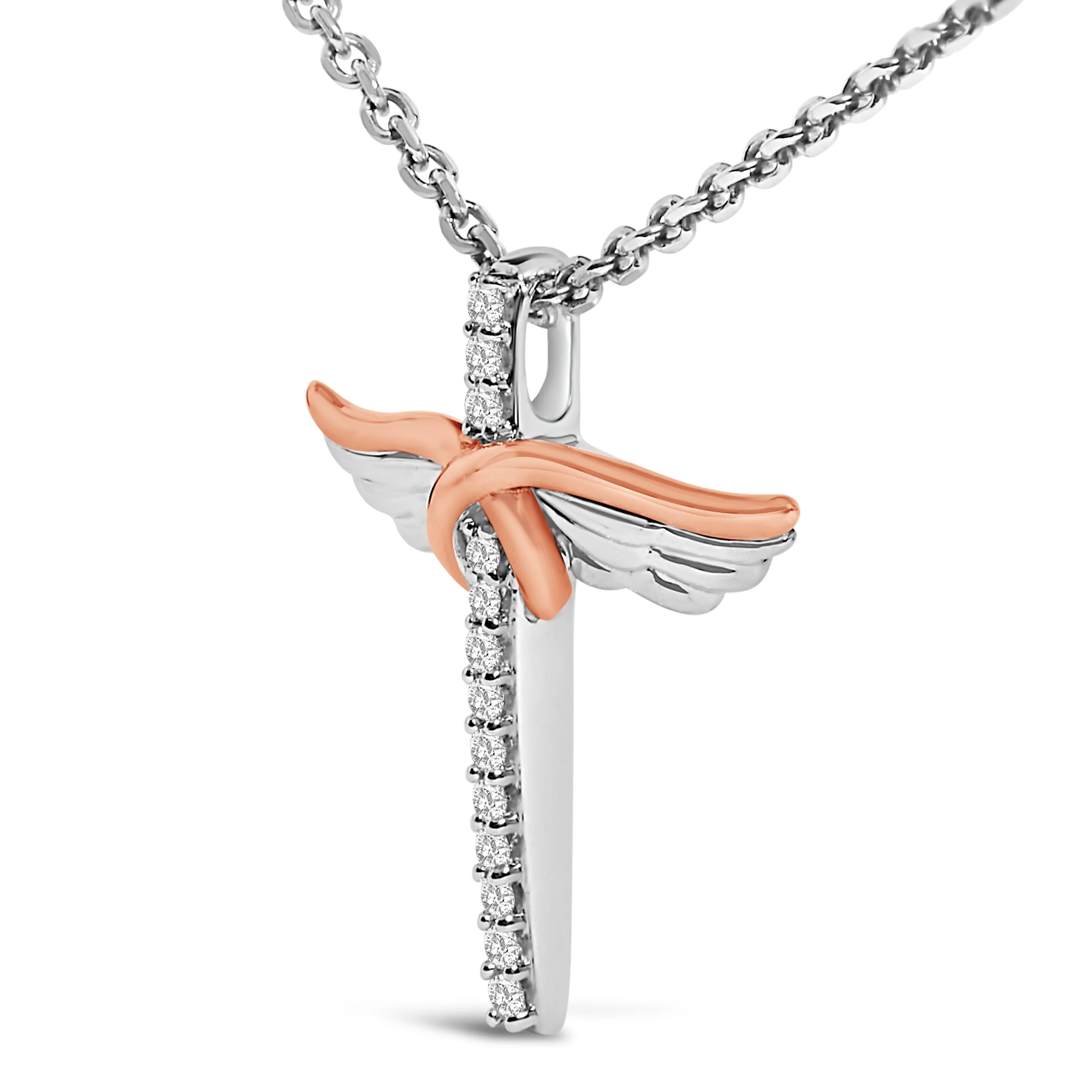 14K Rose Gold Plated Sterling Silver 1/5 Cttw Diamond Wing Cross Pendant Necklace - Image 3