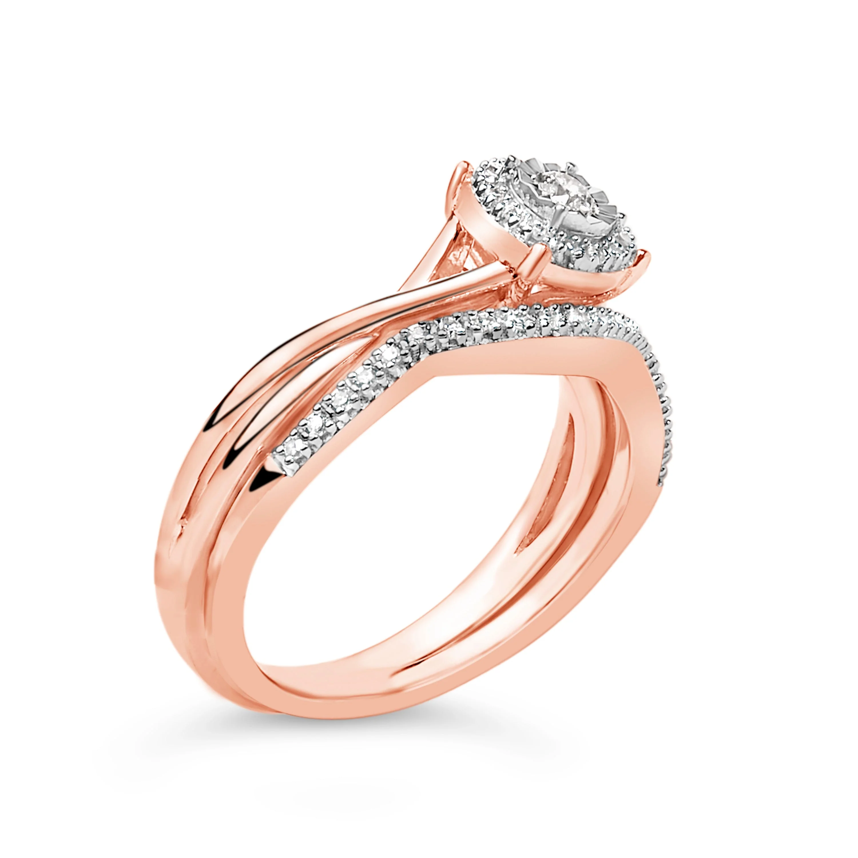 14K Rose Gold Plated Sterling Silver 1/6 Cttw Diamond Round Halo Bridal Set - Image 3