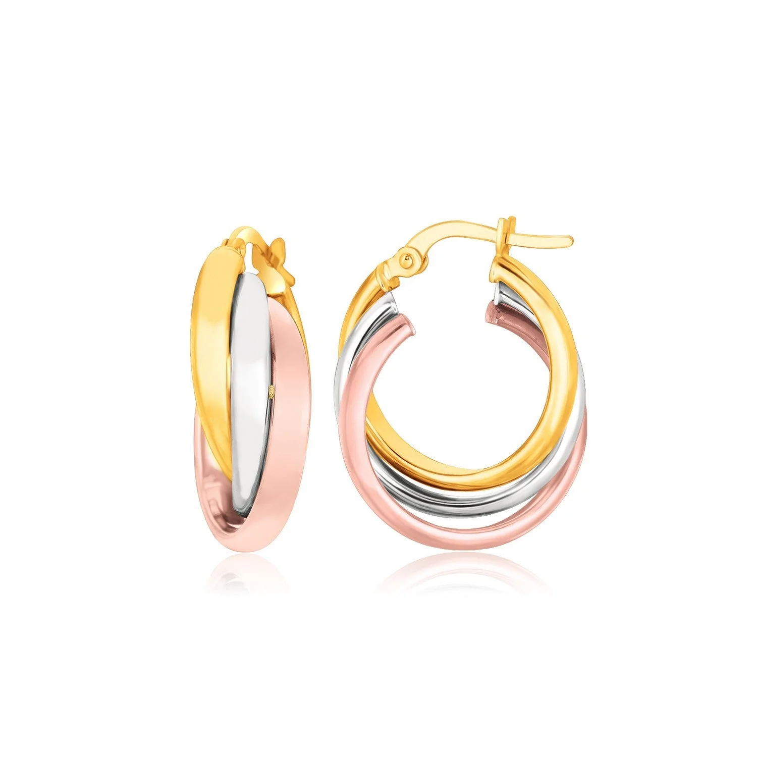 14k Tri-Color Gold Domed Tube Intertwined Earrings - Image 2