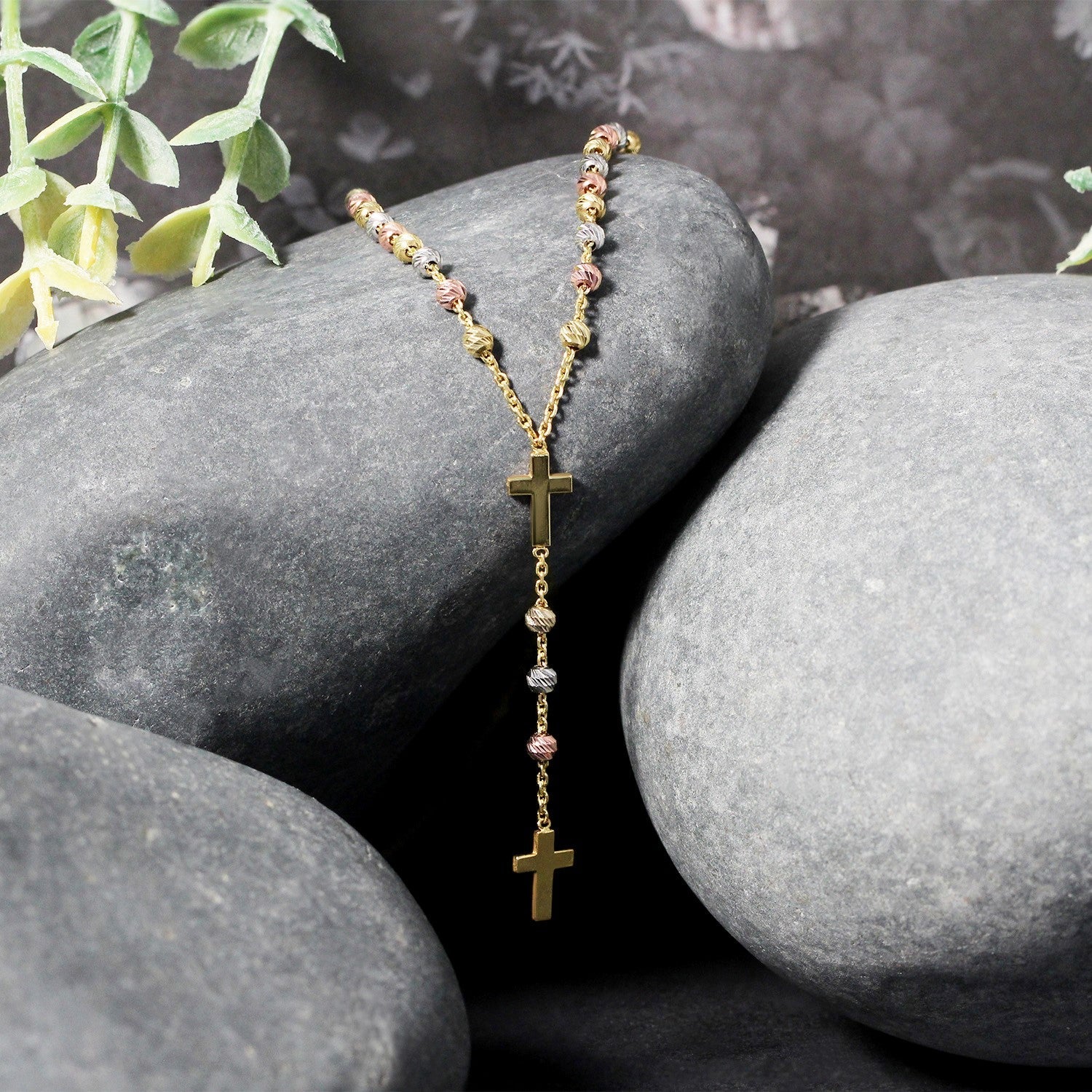14k Tri-Color Gold Rosary Chain Necklace - Image 11