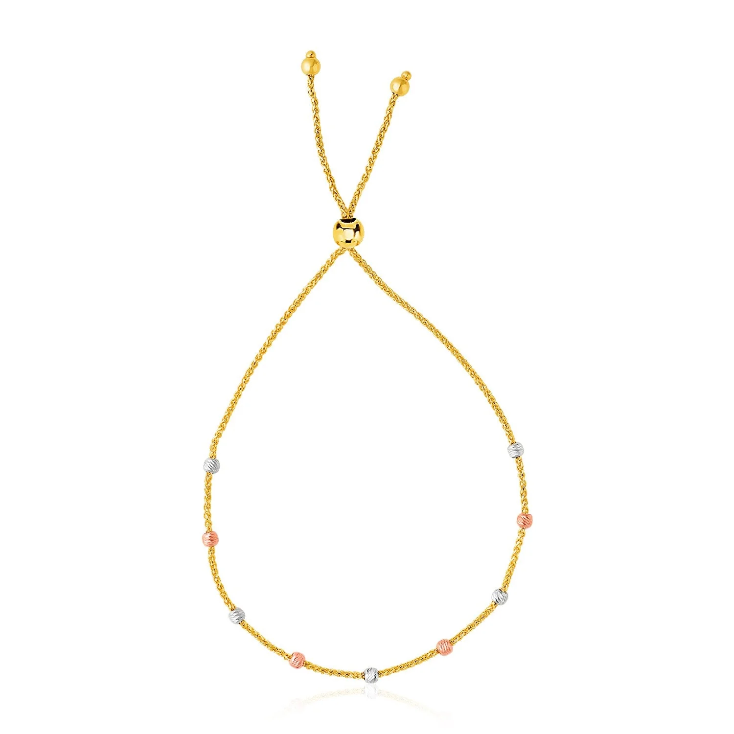 14k Tri-Color Gold Textured Bead Station Lariat Bracelet - Image 3