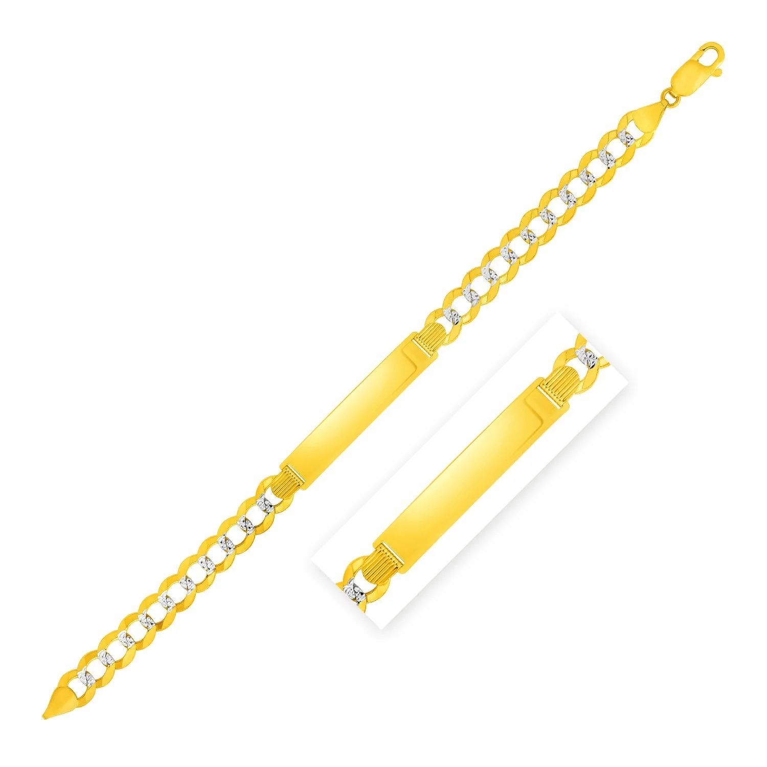 14k Two Tone Gold 8 1/2 inch Mens Curb Chain ID Bracelet with White Pave - Image 2