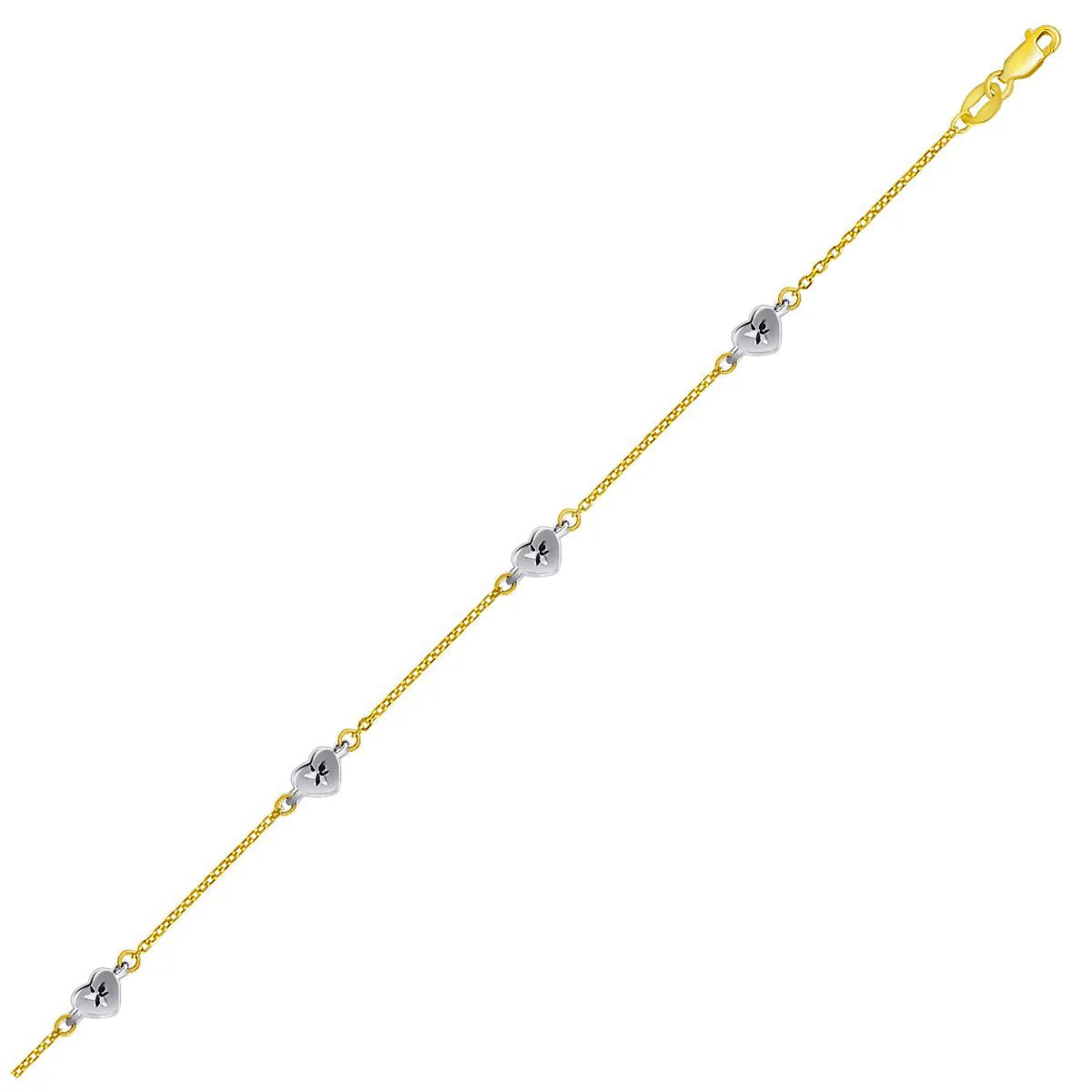 14k Two Tone Gold Anklet with Diamond Cut Heart Style Stations - Image 5