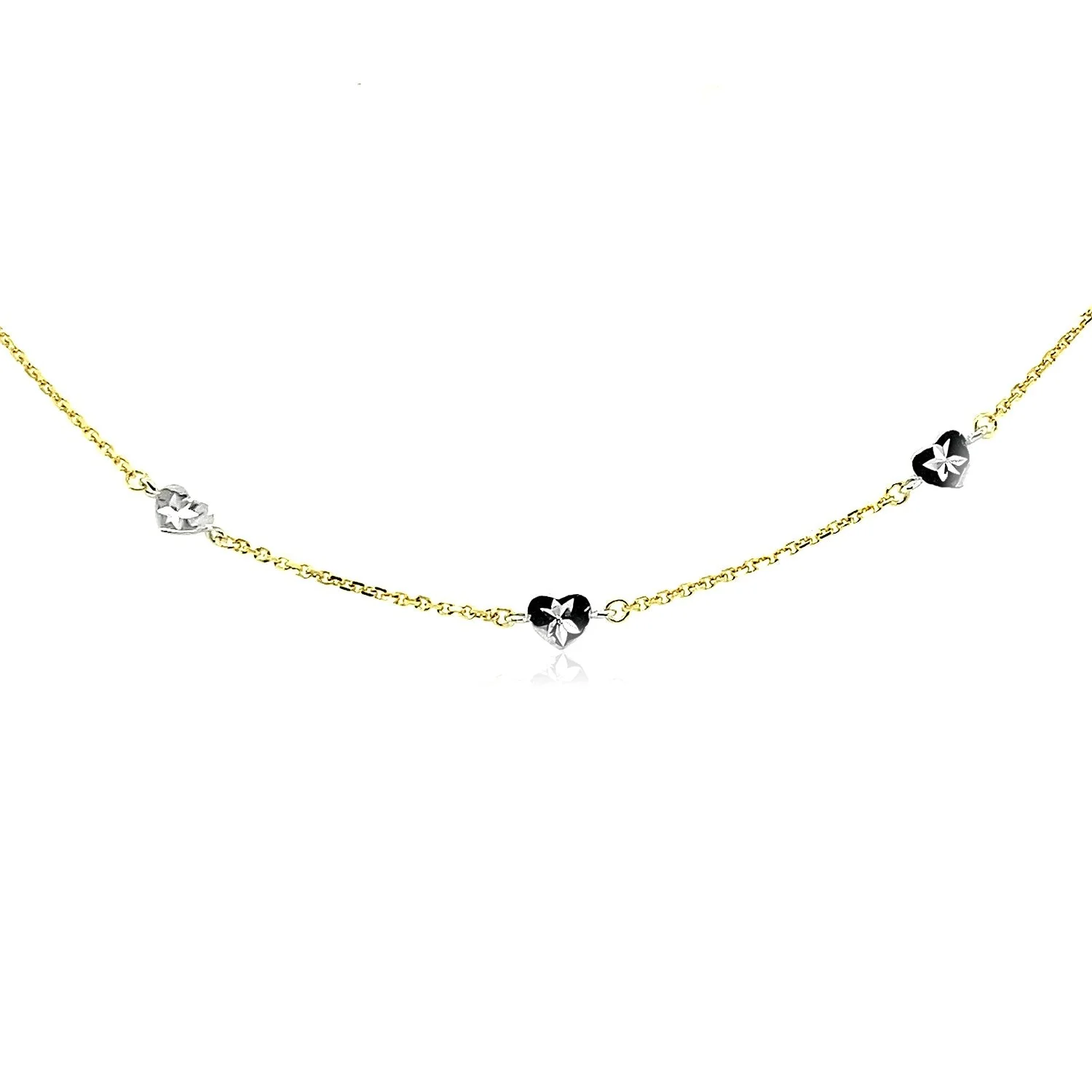 14k Two Tone Gold Anklet with Diamond Cut Heart Style Stations - Image 6