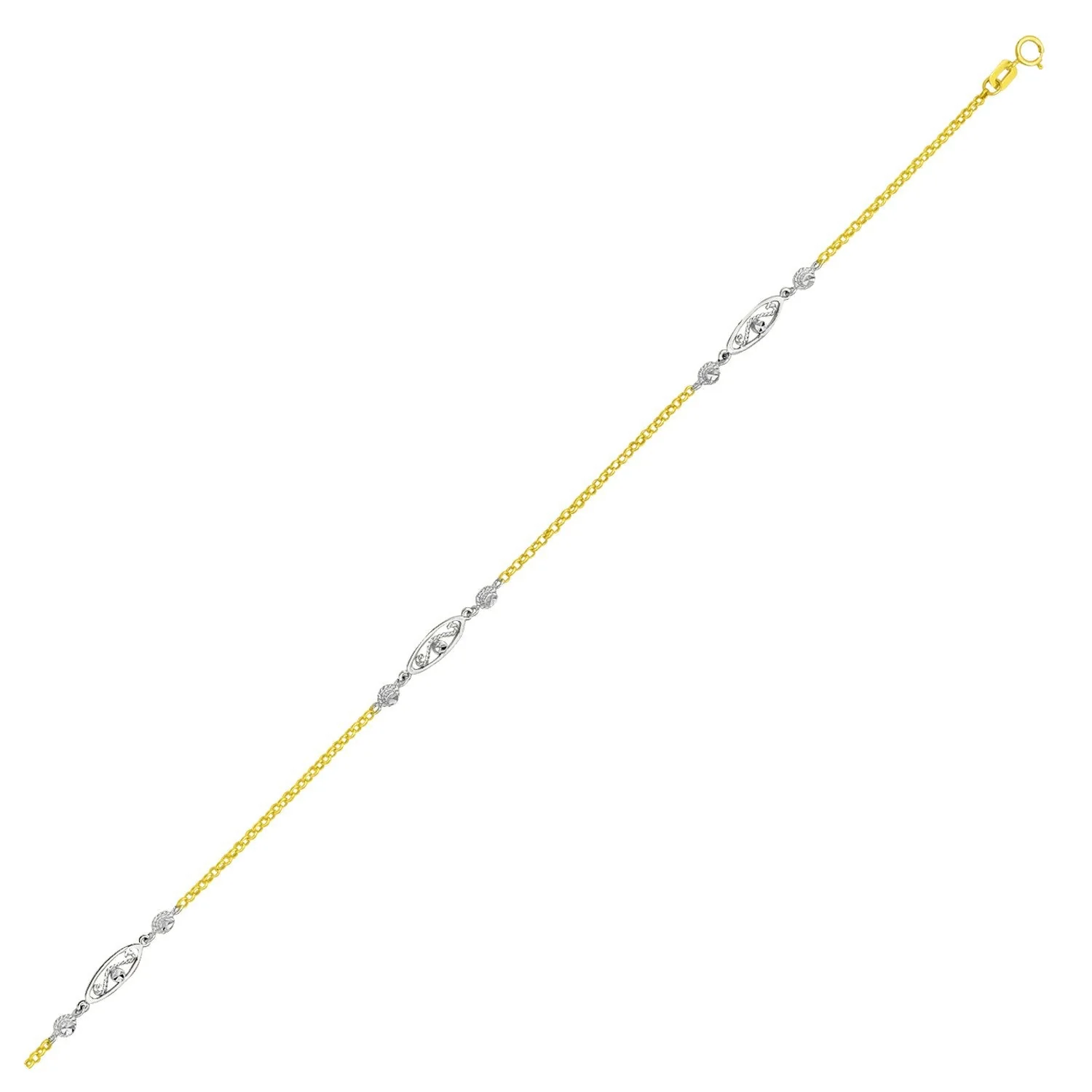14k Two-Tone Gold Chain Anklet with Rope Design Oval Stations - Image 2