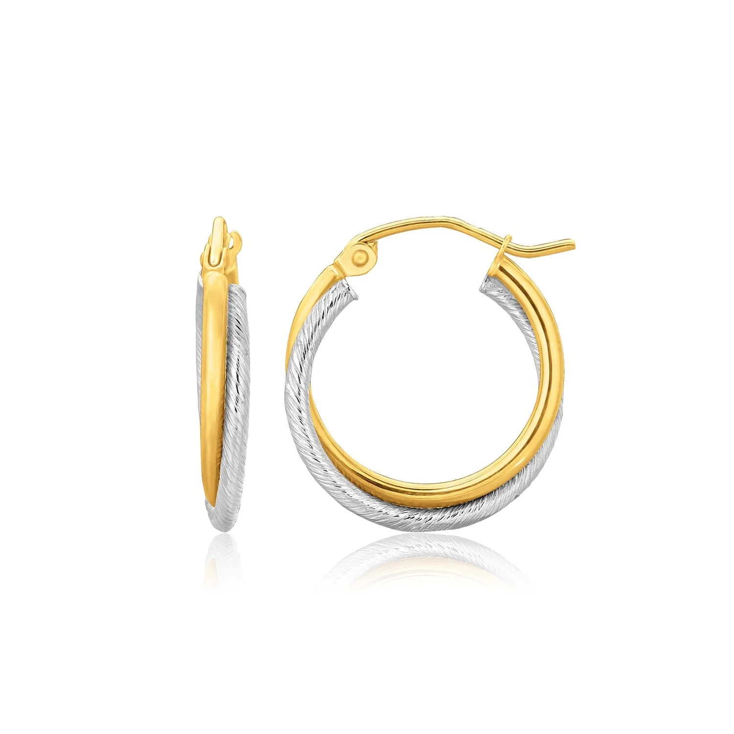 14k Two Tone Gold Double Polished and Textured Hoop Earrings - Image 2