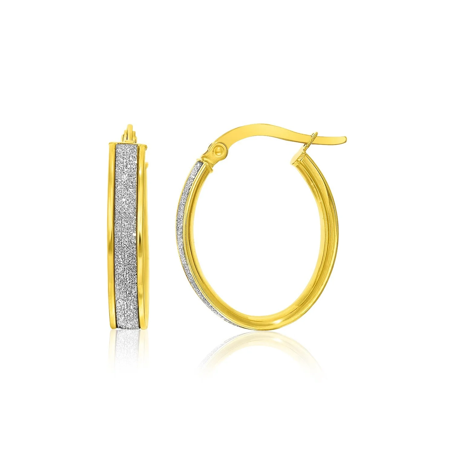 14k Two-Tone Gold Glitter Center Oval Hoop Earrings - Image 2