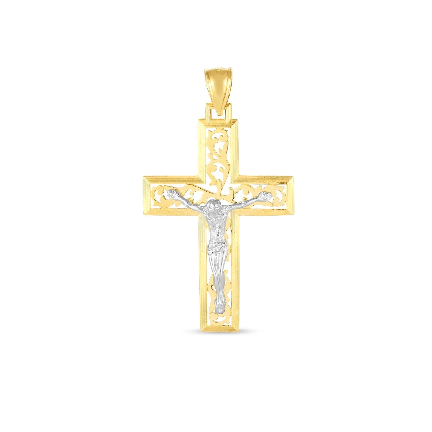 14k Two Tone Gold High Polish Diamond Cut Cross Pendant - Image 2