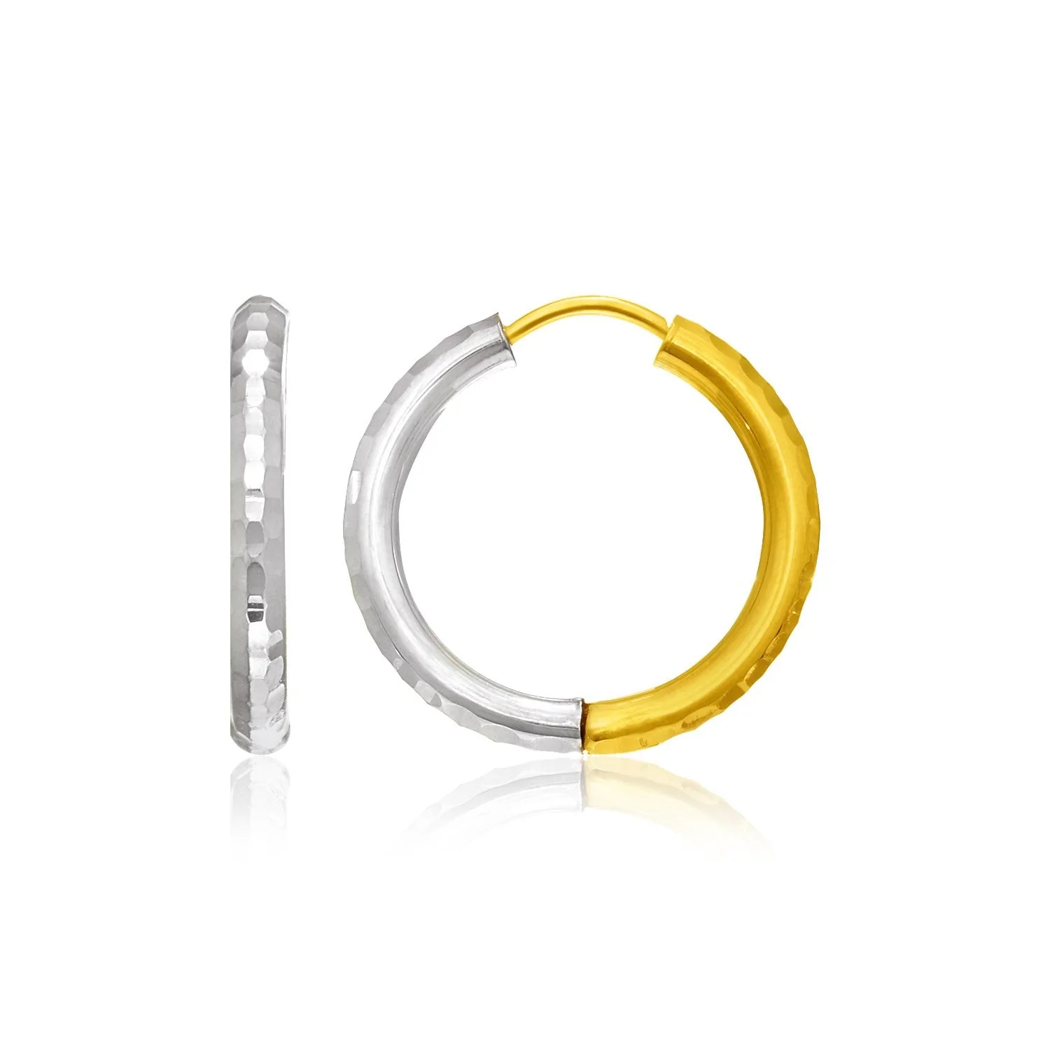 14k Two-Tone Gold Hinge Hammered Hoop Earrings - Image 2