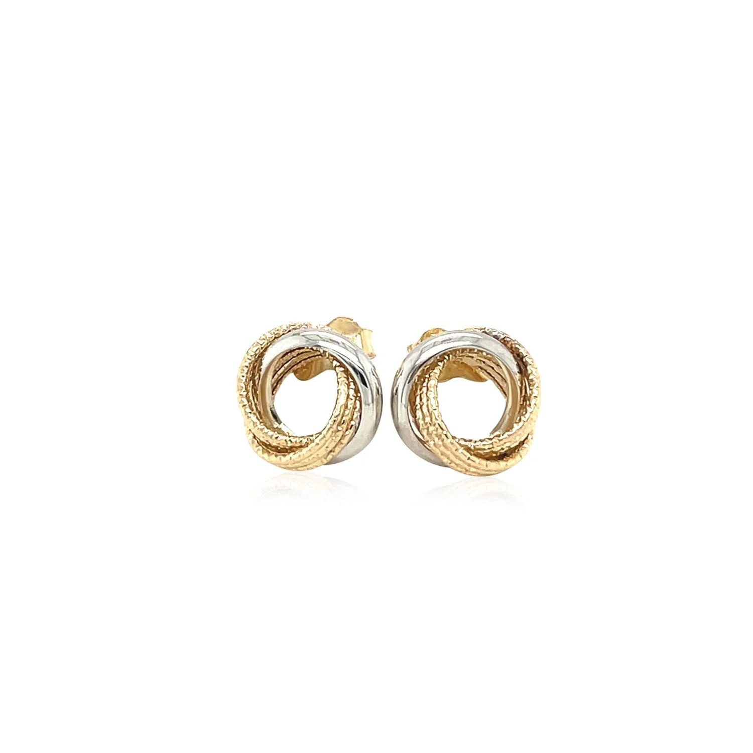 14k Two-Tone Gold Multi-Textured Open Circle Style Entwined Earrings - Image 5