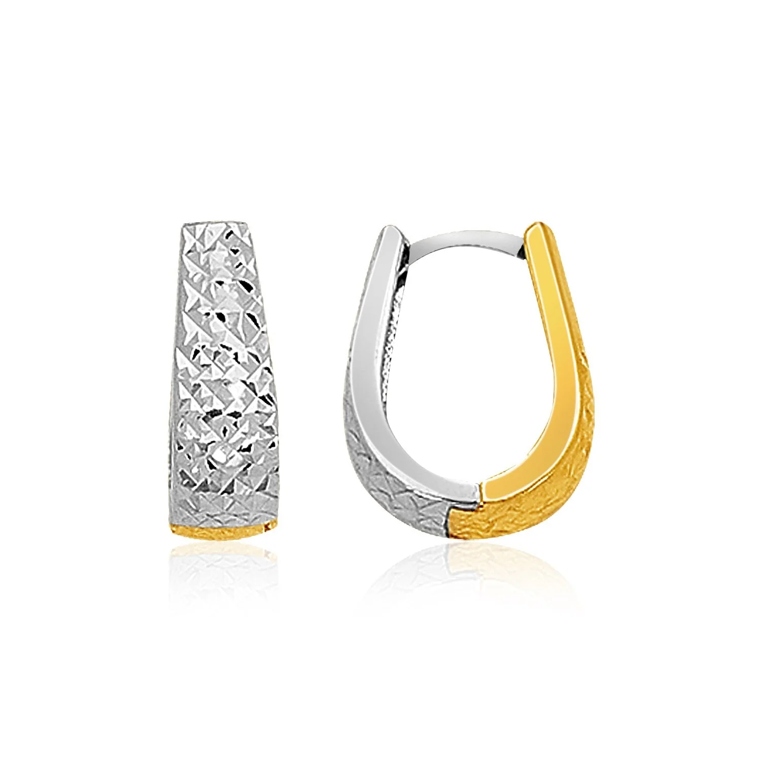 14k Two-Tone Gold Oval Diamond Cut Textured Earrings - Image 2