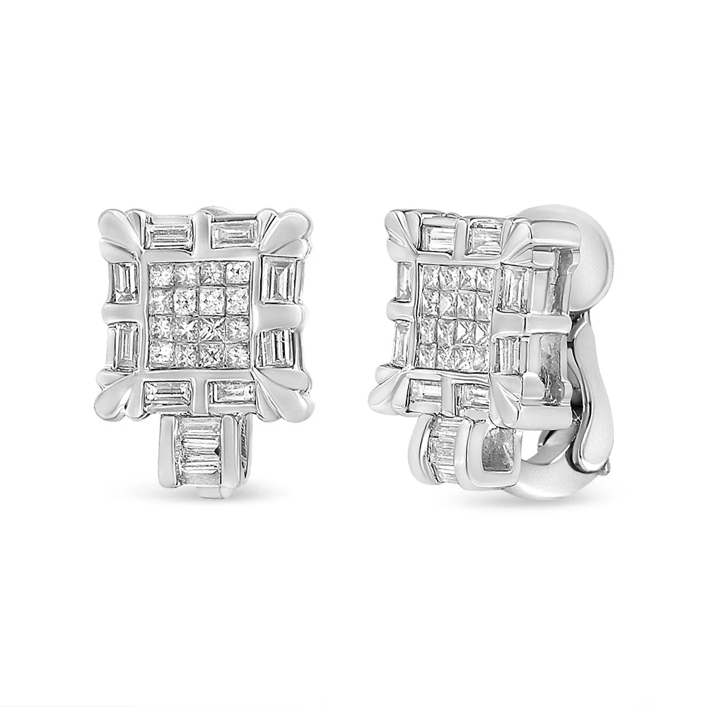 14K White Gold 1.0 Cttw Princess and Baguette-Cut Diamond Square Framed Huggie Hoop Omega Earrings (H-I Color, SI1-SI2 Clarity) - Image 2