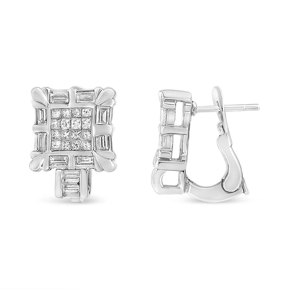 14K White Gold 1.0 Cttw Princess and Baguette-Cut Diamond Square Framed Huggie Hoop Omega Earrings (H-I Color, SI1-SI2 Clarity) - Image 4
