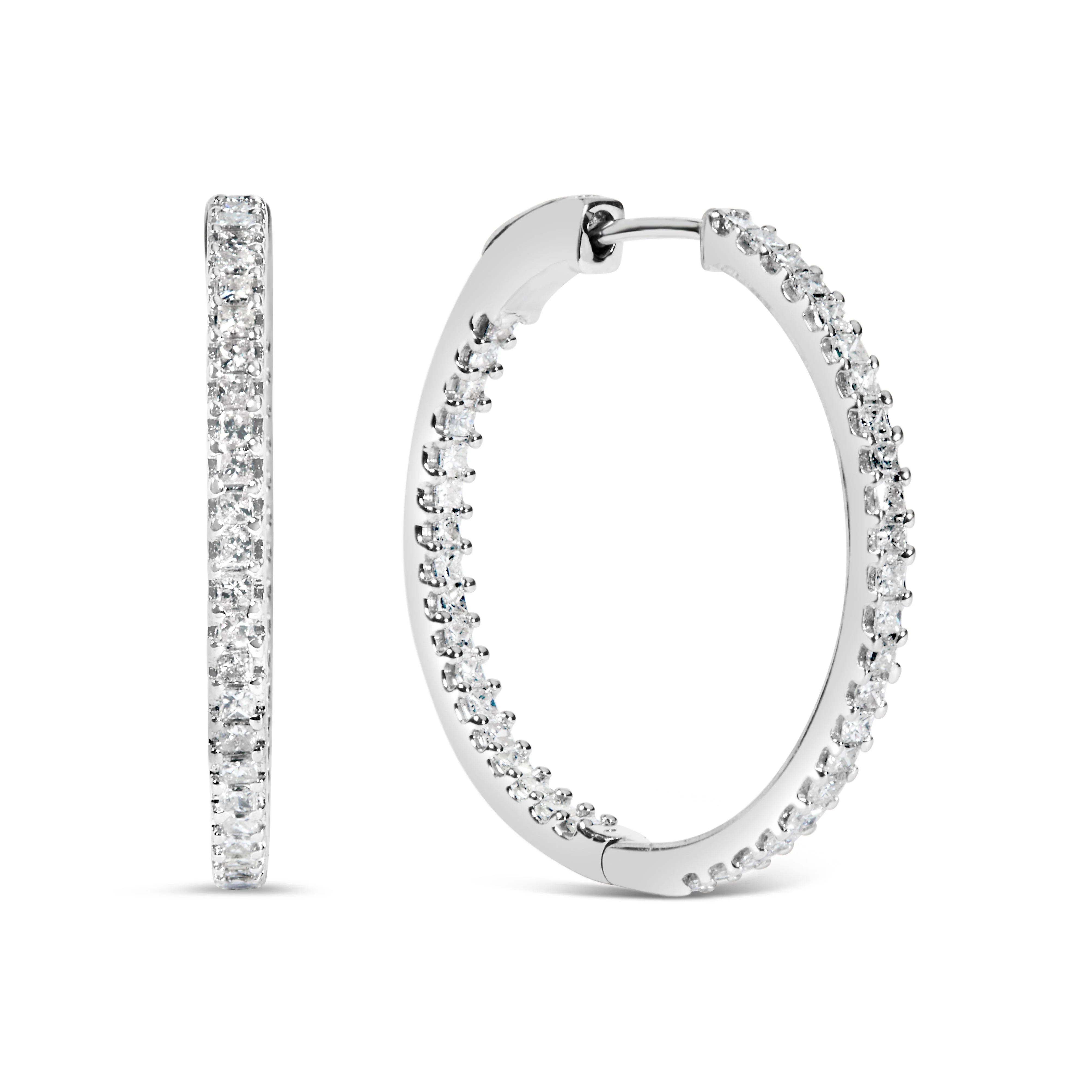 14K White Gold 1.0 Cttw Princess Diamond Inside Out Hoop Earrings (H-I Color, I1-I2 Clarity) - 23 MM - Image 2