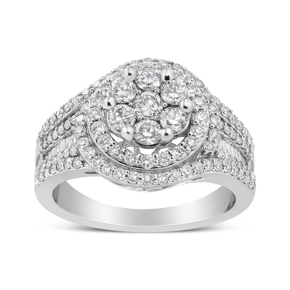14K White Gold 1 1/2 Cttw Diamond Floral Cluster and Studded Shank Halo Ring (H-I Color, SI2-I1 Clarity) - Ring Size 7 - Image 2