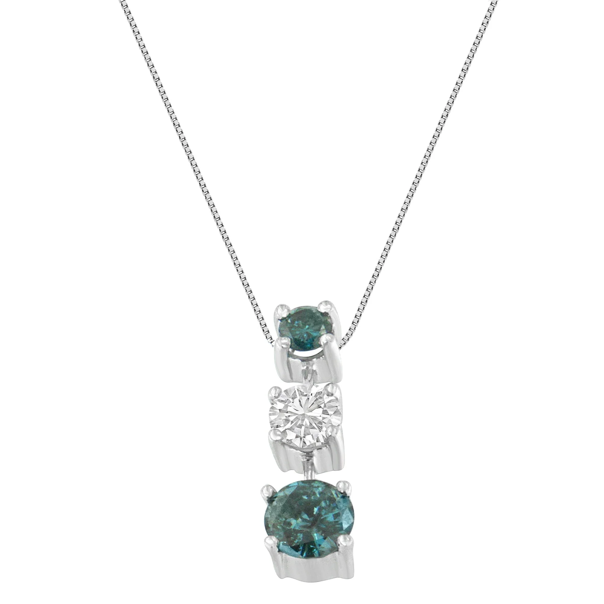 14K White Gold 1 1/2 Cttw Treated Blue and White Diamond 3-Stone 18" Pendant Necklace (Blue/H-I Color, I1-I2 Clarity) - Image 2
