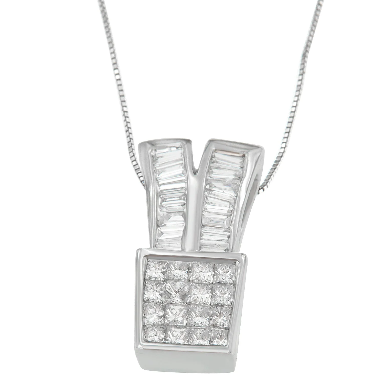 14K White Gold 1 1/3 cttw Princess and Baguette Cut Diamond Sparkling Shapes Pendant Necklace (H-I, SI1-SI2) - Image 2